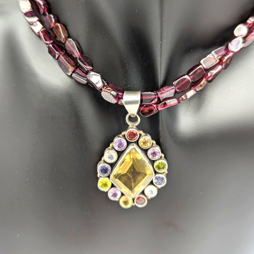 Beautiful garnet Sterling two strand necklace with multi gem's pendant